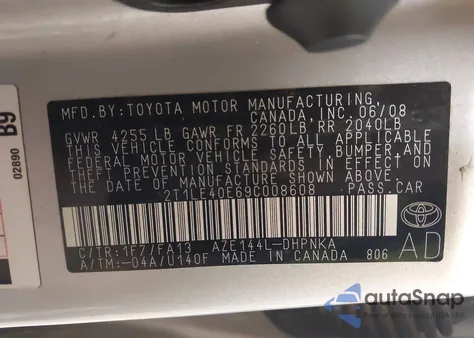 2009 Toyota Matrix S z USA, uszkodzony, nr VIN 2T1LE40E69C008608